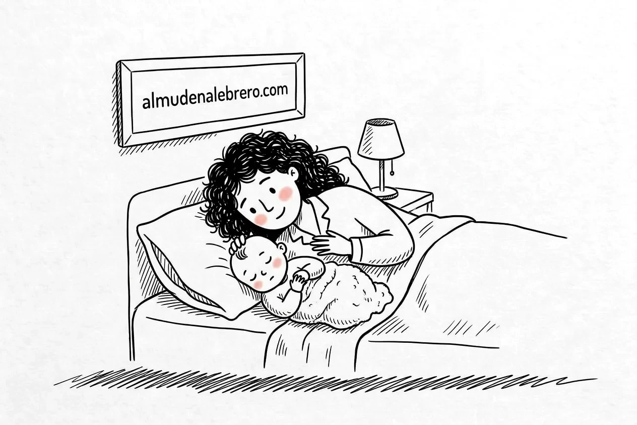 Ilustración en tinta de una madre de pelo rizado tumbada en la cama que acaricia con la punta de los dedos la cabeza de su bebé dormido