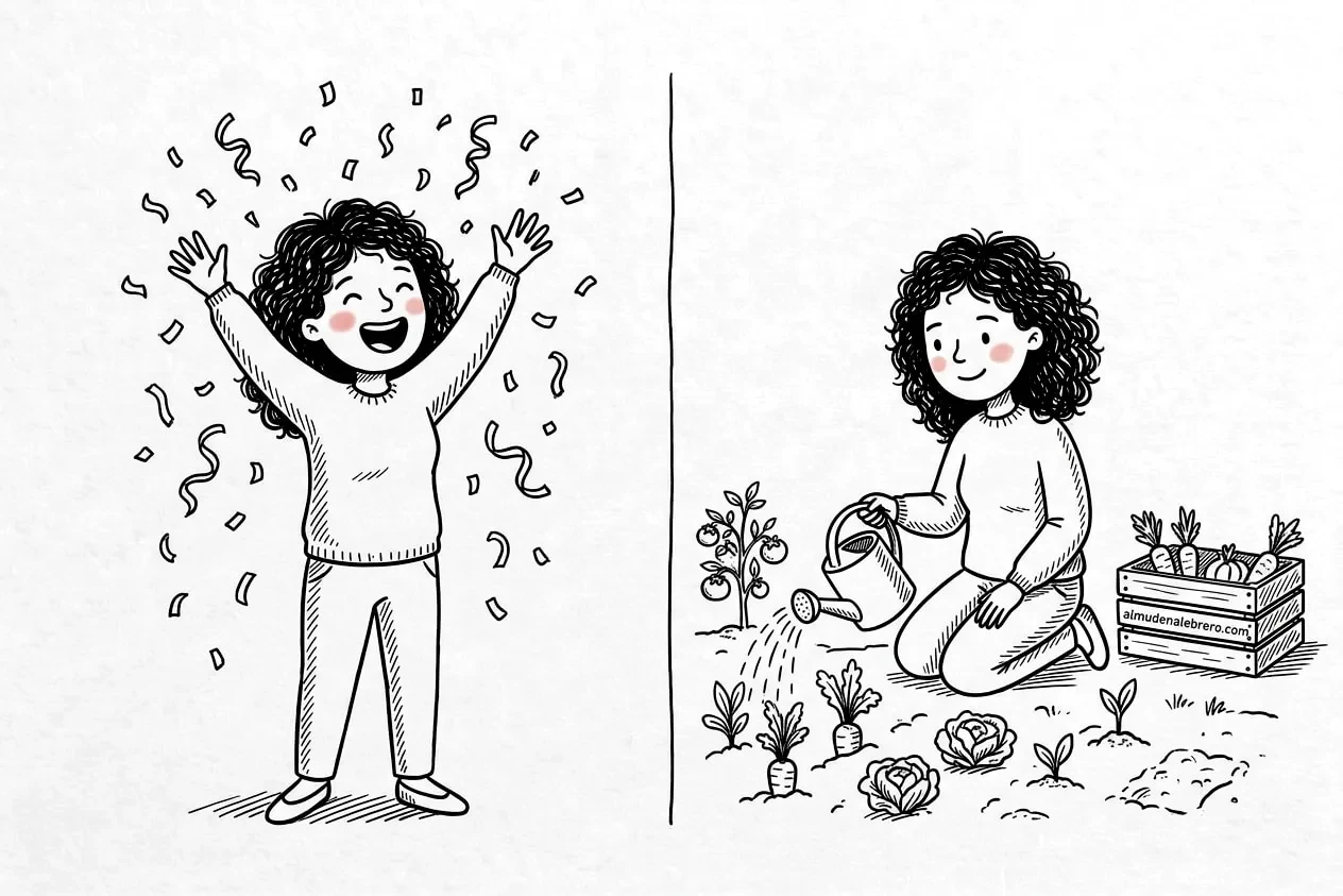 Ilustración en tinta dividida en dos: a la izquierda, una mujer de pelo rizado ríe con los brazos en alto bajo el confeti; a la derecha, la misma mujer riega con calma su huerto