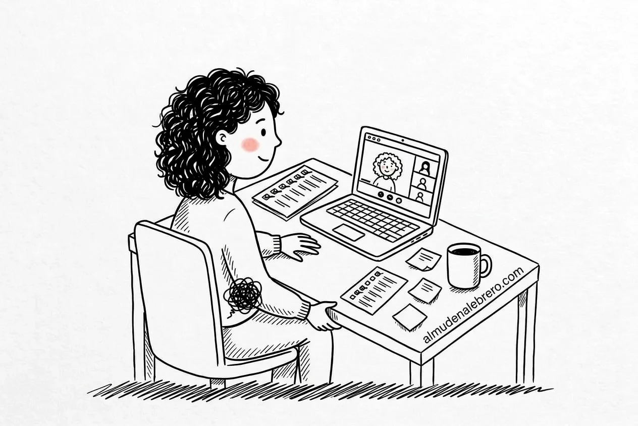 Ilustración en tinta de una mujer de pelo rizado sonriendo en una videollamada con todas las tareas marcadas, mientras un nudo de garabatos le aprieta el estómago y su mano se agarra a la mesa