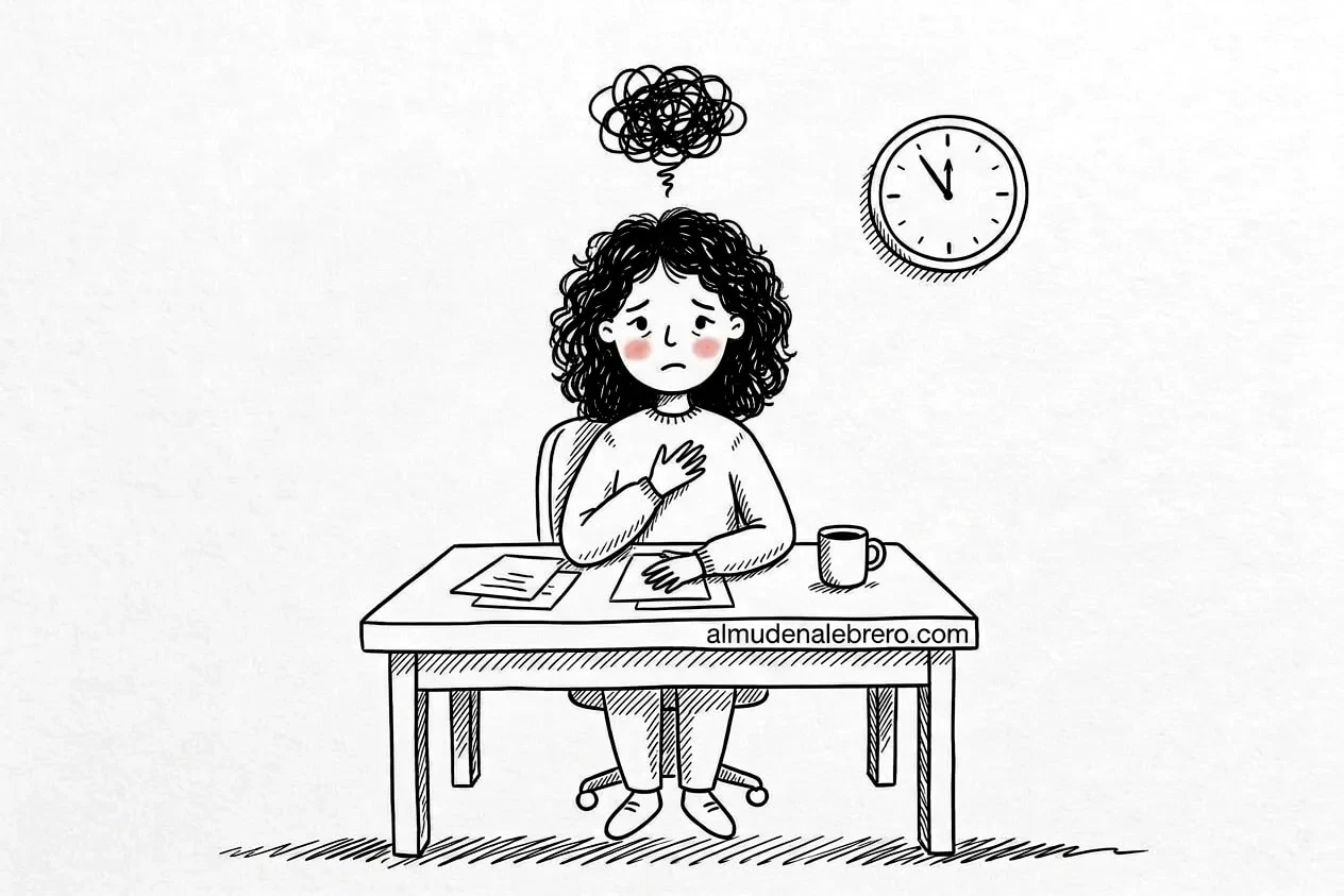Ilustración en tinta de una mujer de pelo rizado en su mesa de trabajo a media mañana, con la mano en el pecho y una nube de garabatos sobre la cabeza; en la pared, un reloj