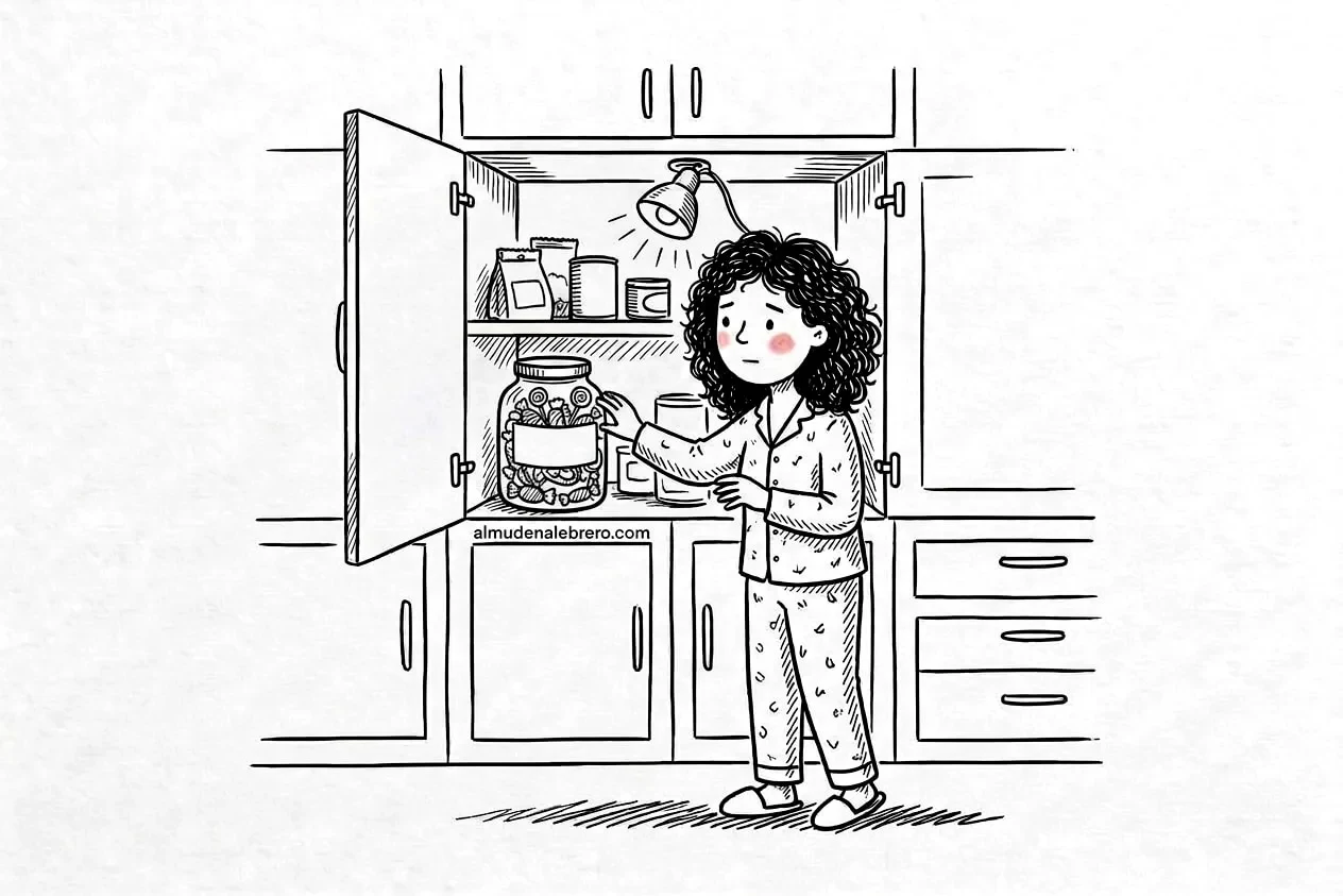 Ilustración en tinta de una mujer de pelo rizado en pijama que, de noche, alarga la mano dudando hacia un tarro de caramelos en un armario de la cocina