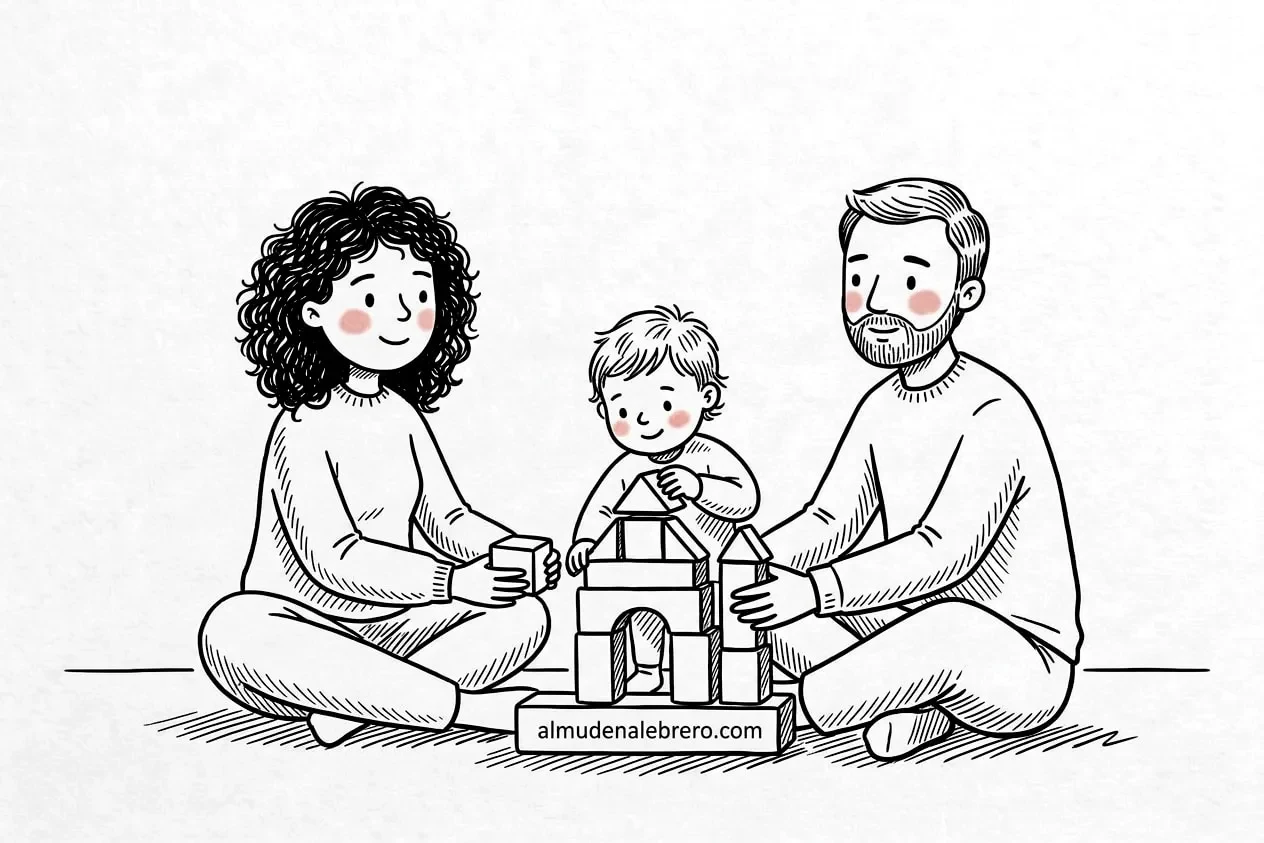 Ilustración en tinta de una pareja sentada en el suelo que construye con su hijo pequeño una casa de bloques de madera sobre un bloque grande que hace de cimiento
