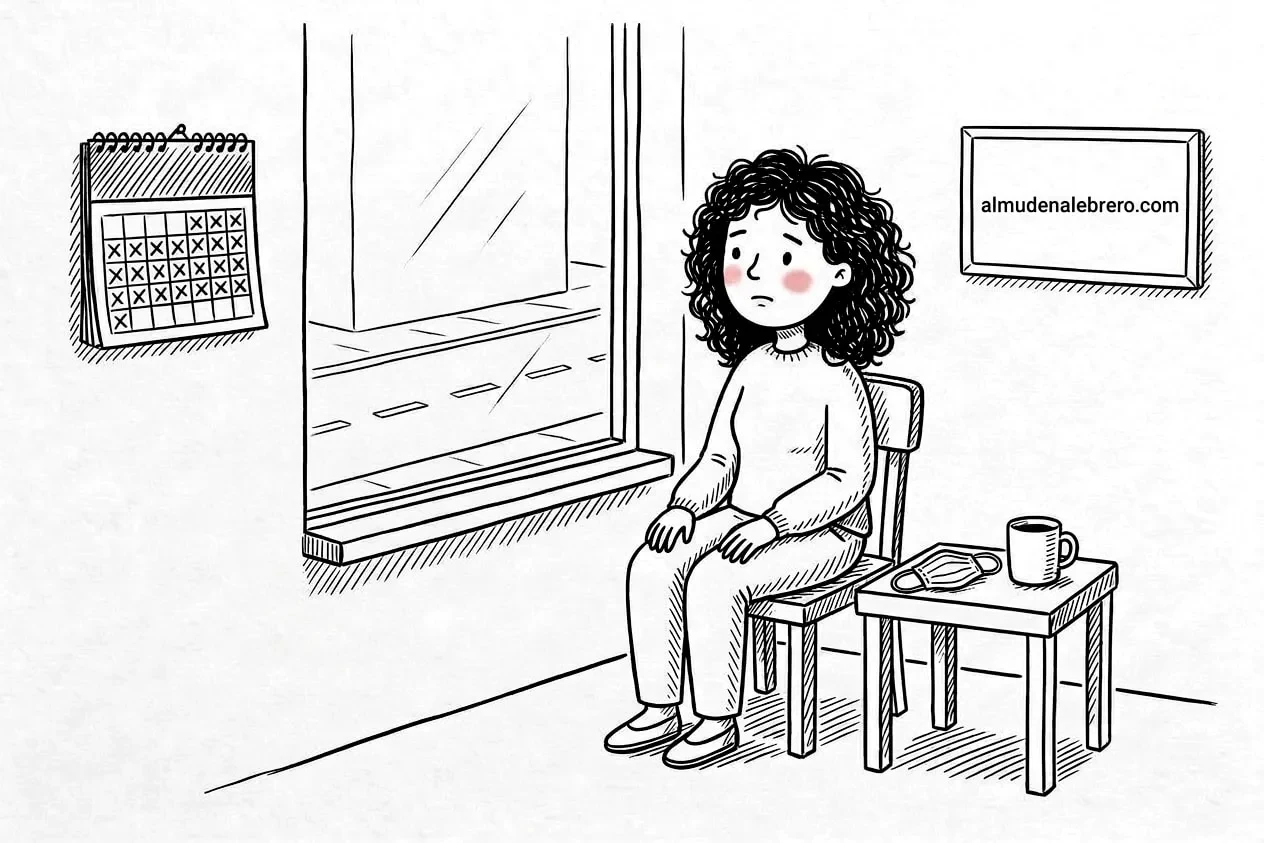 Ilustración en tinta de una mujer de pelo rizado sentada en su salón junto a la ventana, pensativa y algo preocupada; en la pared, un calendario con muchos días tachados, y en la mesita, una mascarilla y una taza