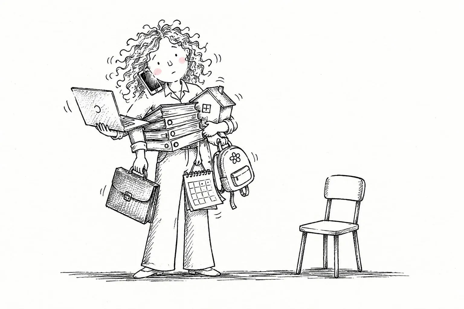 Ilustración en tinta de una mujer de pelo rizado con cuatro brazos que sostiene a la vez un portátil, el móvil, carpetas, una casa, un maletín, una mochila infantil y un calendario. A su lado, una silla vacía