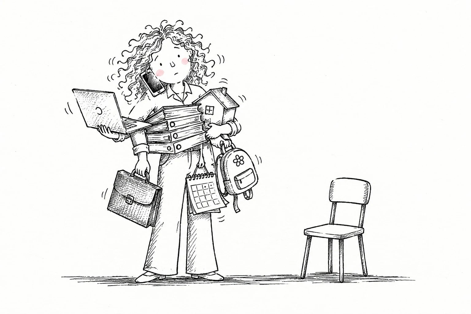 Ilustración en tinta de una mujer de pelo rizado con cuatro brazos que sostiene a la vez un portátil, el móvil, carpetas, una casa, un maletín, una mochila infantil y un calendario. A su lado, una silla vacía