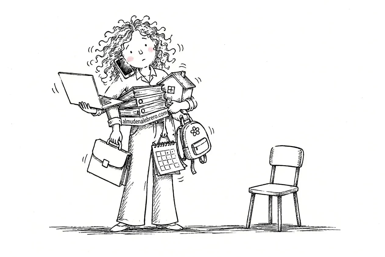 Ilustración en tinta de una mujer de pelo rizado con cuatro brazos que sostiene a la vez un portátil, el móvil, carpetas, una casa, un maletín, una mochila infantil y un calendario. A su lado, una silla vacía