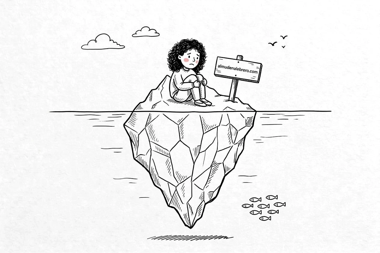 Ilustración en tinta de una mujer de pelo rizado sentada, triste, en la pequeña punta de un iceberg que asoma del agua; bajo la superficie, el hielo oculto es mucho más grande