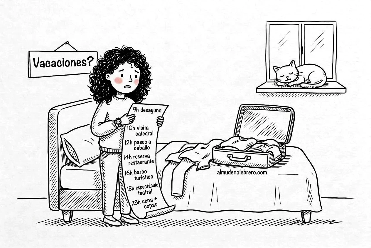 Ilustración en tinta de una mujer de pelo rizado en una habitación de hotel, agobiada, leyendo una agenda de vacaciones llena de planes de 9 h a 23 h, con la maleta a medio hacer; en la pared, un cartel dice «Vacaciones?» y, en el alféizar de la ventana, un gato duerme tranquilo