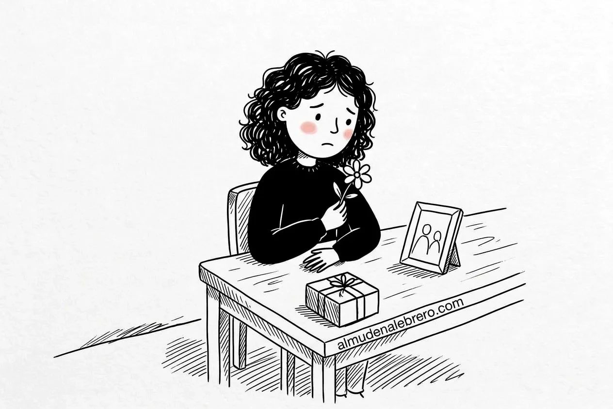 Ilustración en tinta de una mujer de pelo rizado sentada a la mesa con una flor en la mano, mirando con ternura y algo de tristeza una foto enmarcada; sobre la mesa, un regalo