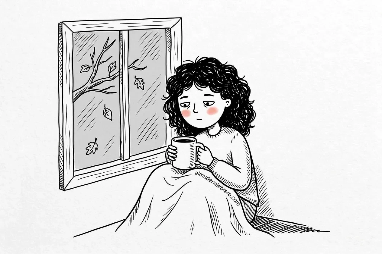 Ilustración en tinta de una mujer de pelo rizado sentada junto a una ventana con una taza entre las manos y una manta, cansada; fuera caen hojas de otoño