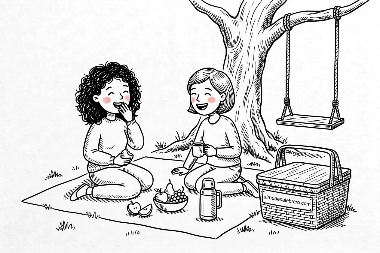 Ilustración en tinta de dos amigas que se ríen mientras meriendan fruta y té sobre una manta en el parque, junto a un árbol con un columpio