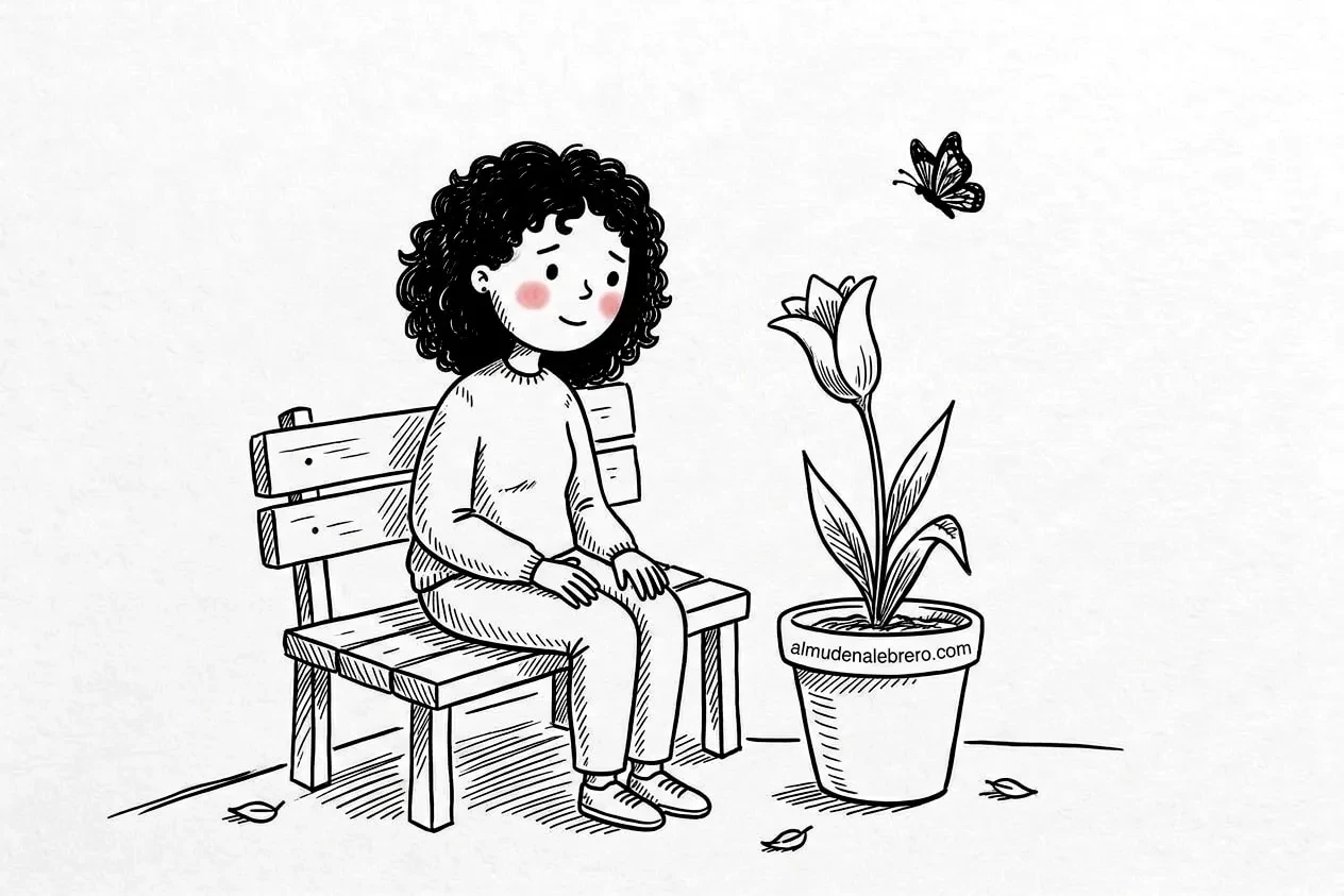 Ilustración en tinta de una mujer de pelo rizado sentada en un banco, mirando con ternura una flor en una maceta mientras una mariposa se aleja volando