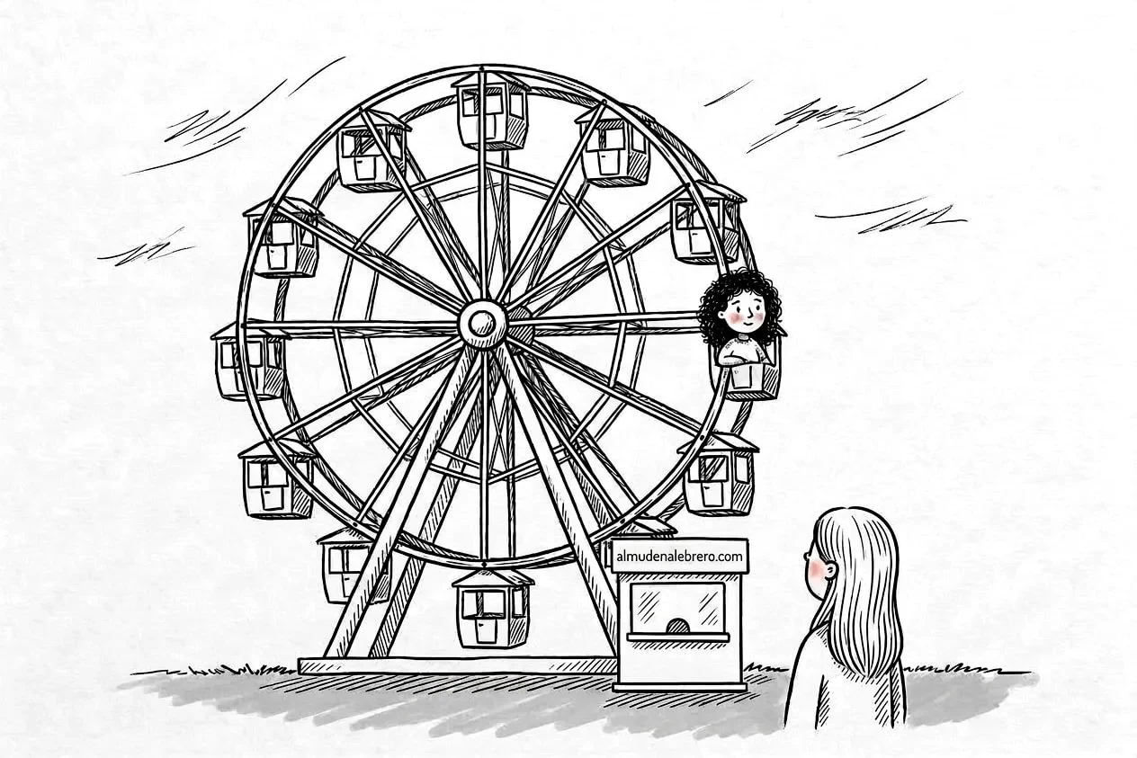 Ilustración en tinta de una noria: una mujer de pelo rizado va sentada en una de las cabinas, subiendo, con gesto sereno; desde abajo, otra mujer la mira y la acompaña