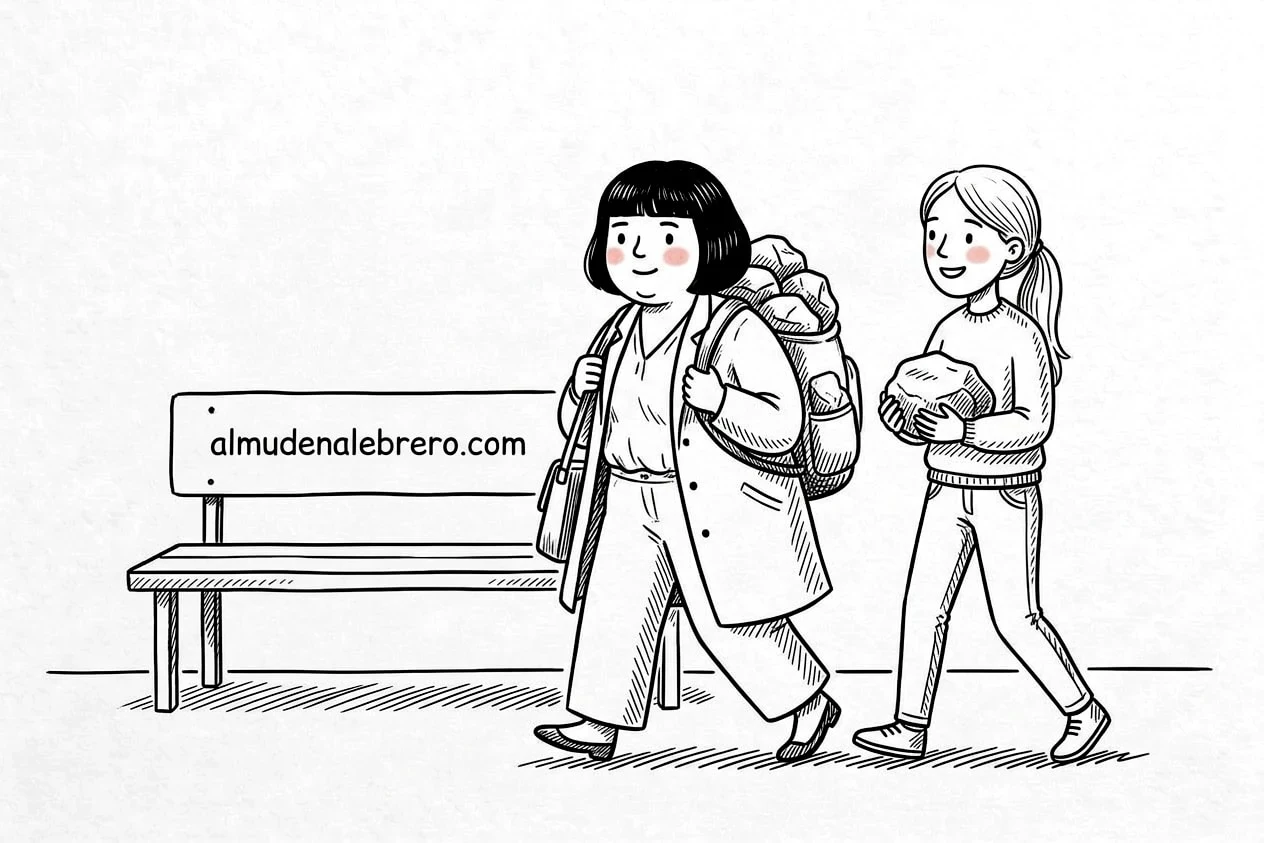 Dibujo a tinta de una mujer que camina por la calle con una mochila cargada de piedras, mientras una amiga a su lado lleva una de las piedras en las manos