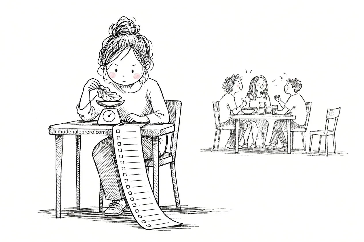 Ilustración en tinta de una mujer que pesa una hoja de lechuga en una pequeña báscula, con una lista larguísima que cae hasta el suelo; al fondo, otras personas comen juntas y riendo junto a una silla vacía