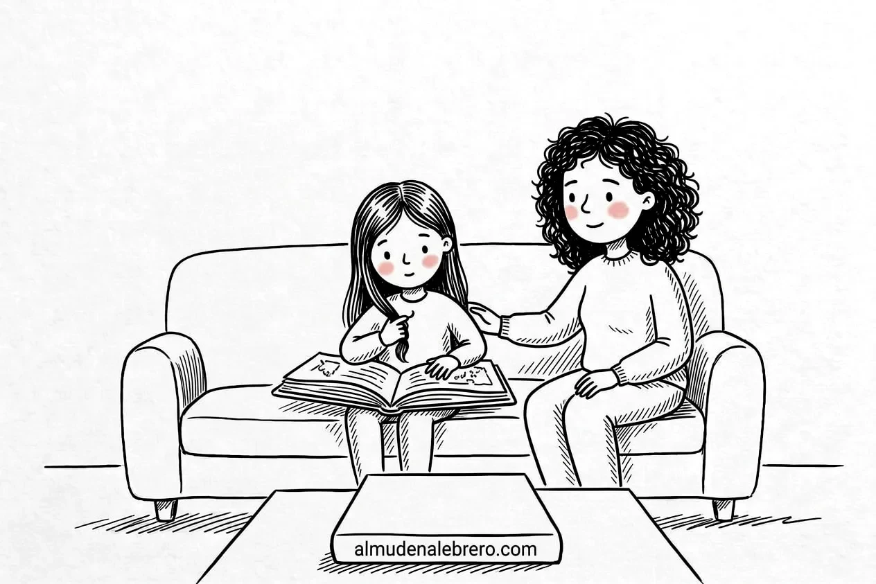 Ilustración en tinta de una madre de pelo rizado sentada en el sofá junto a su hija, que lee un libro mientras se enrosca un mechón de pelo en el dedo; la madre la mira con ternura y le apoya la mano en la espalda