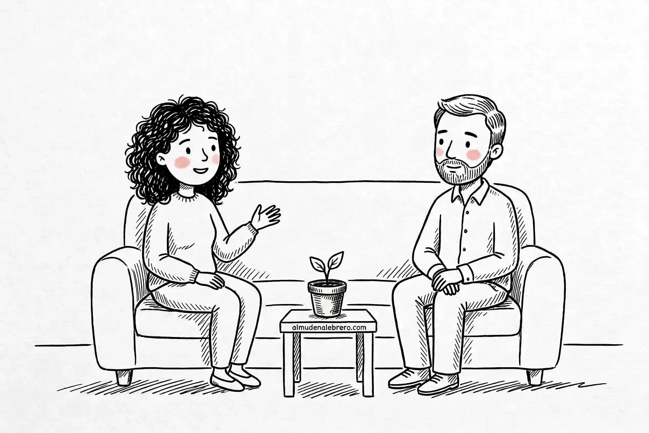 Ilustración en tinta de una mujer de pelo rizado y un hombre con barba sentados uno frente al otro en dos butacas; ella habla con la mano abierta y él la escucha, con una planta pequeña en una mesita entre los dos