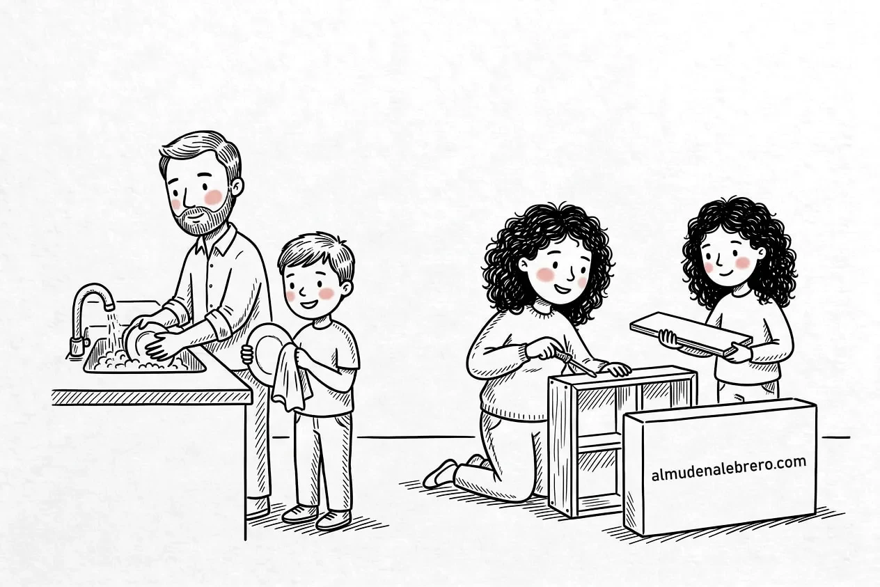 Ilustración en tinta de una familia en casa: el padre friega los platos con su hijo y la madre monta una estantería con su hija