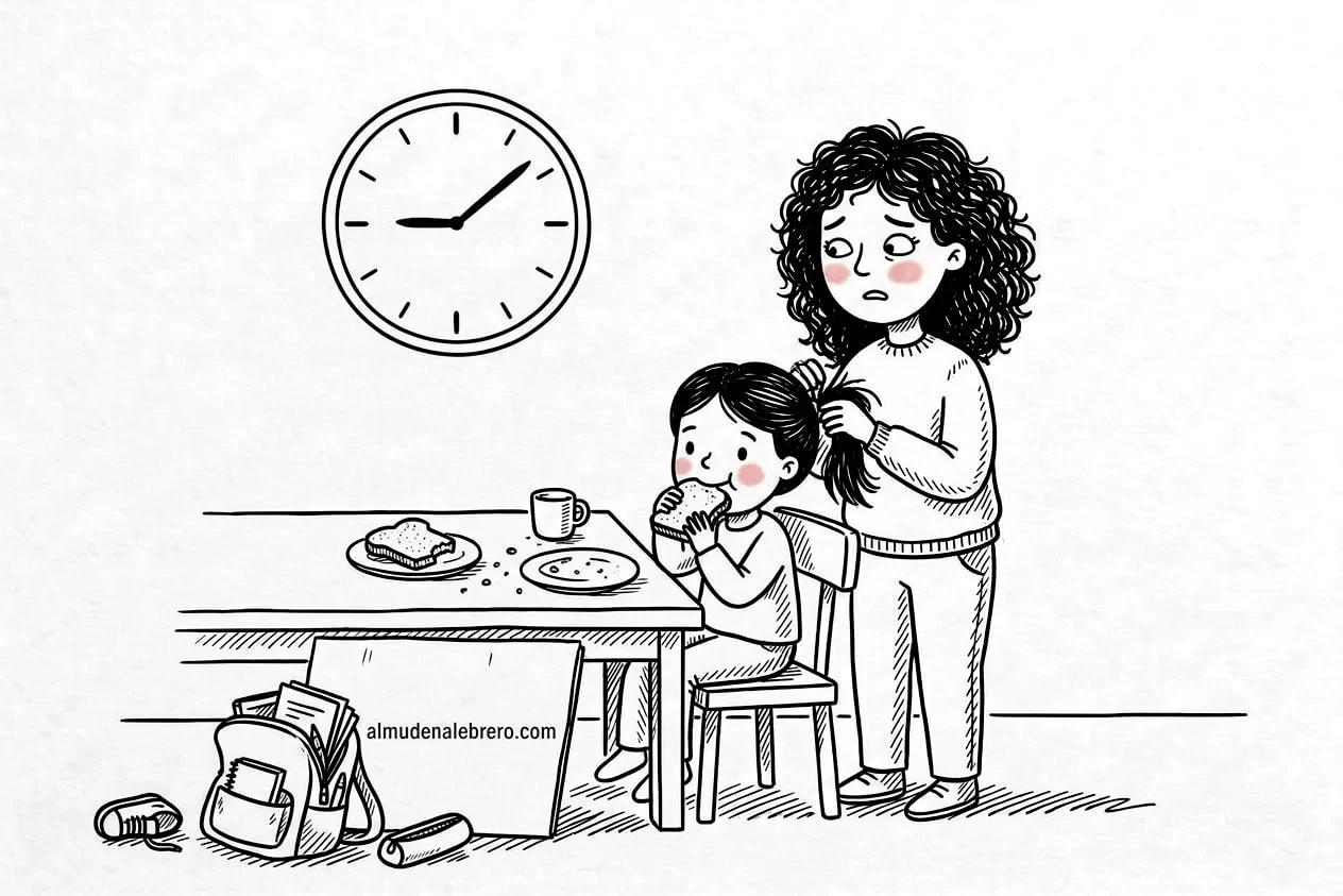 Ilustración en tinta de una madre de pelo rizado que, preocupada, mira el reloj de la pared, que marca más de las nueve, mientras peina a su hija; la niña aún desayuna, con la mochila del colegio sin recoger, un zapato en el suelo y una cartulina olvidada