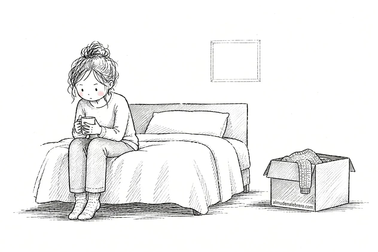 Ilustración en tinta de una mujer sentada en el borde de una cama con una taza entre las manos; la otra mitad de la cama está vacía, en la pared cuelga un marco sin foto y en el suelo hay una caja de cartón con un jersey