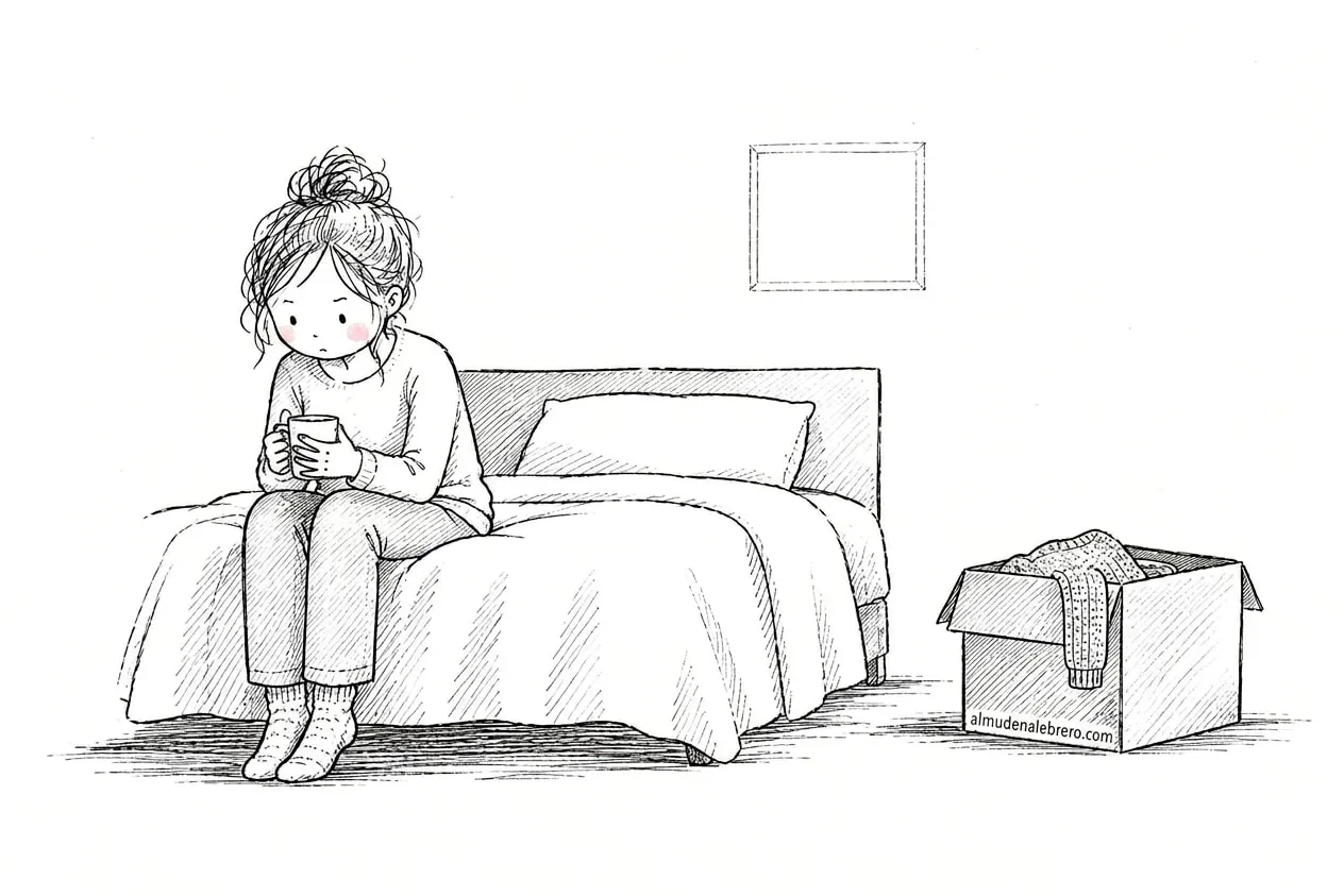 Ilustración en tinta de una mujer sentada en el borde de una cama con una taza entre las manos; la otra mitad de la cama está vacía, en la pared cuelga un marco sin foto y en el suelo hay una caja de cartón con un jersey