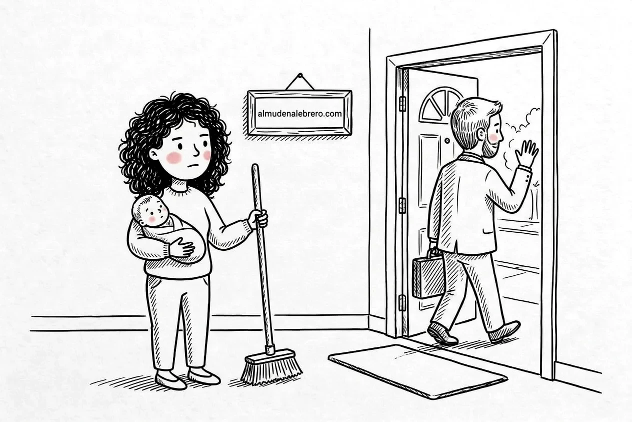 Ilustración en tinta de un hombre con traje y maletín que sale de casa por la puerta, de espaldas, despidiéndose con la mano, mientras una mujer de pelo rizado se queda dentro, seria, con un bebé en brazos y una escoba