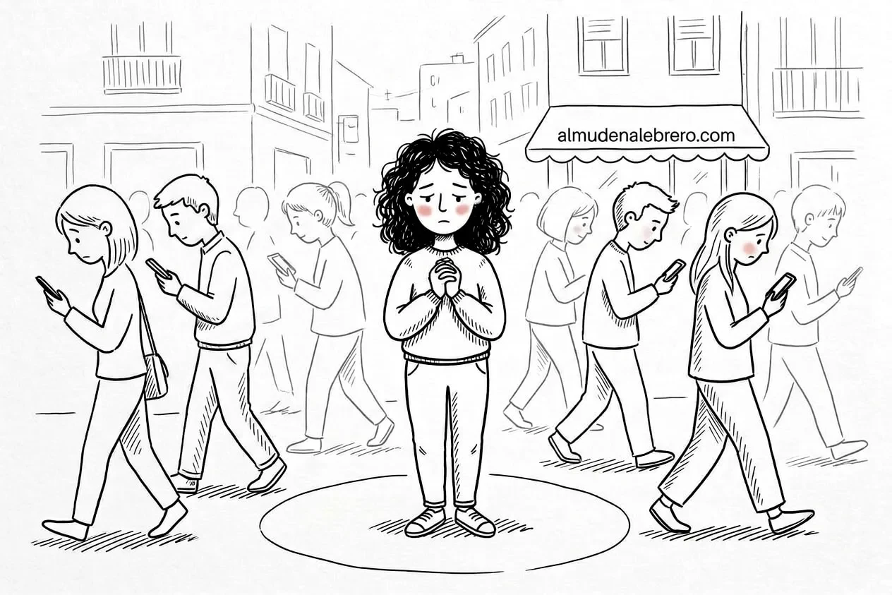 Ilustración en tinta de una mujer de pelo rizado quieta y triste en medio de una calle; a su alrededor pasa mucha gente mirando el móvil sin fijarse en ella
