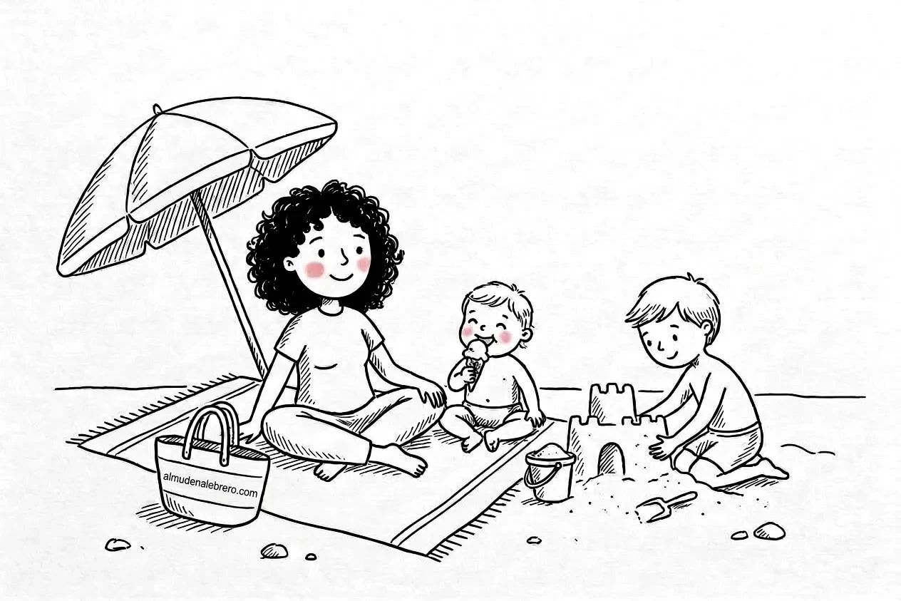 Ilustración en tinta de una madre de pelo rizado sentada en una toalla en la playa, sonriendo, con un niño que come un helado y otro que hace un castillo de arena