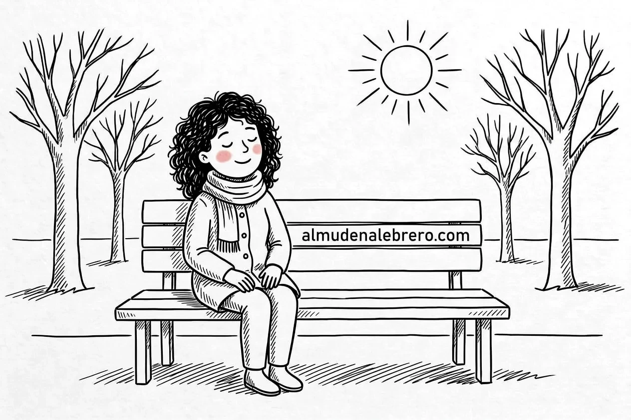 Ilustración en tinta de una mujer de pelo rizado con abrigo y bufanda, sentada en un banco del parque en invierno, con los ojos cerrados y la cara vuelta hacia el sol